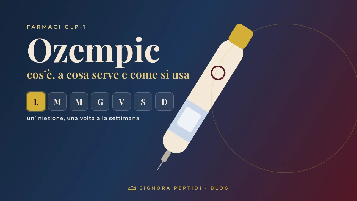 Illustrazione di una penna per iniezione e di un calendario settimanale con un solo giorno evidenziato