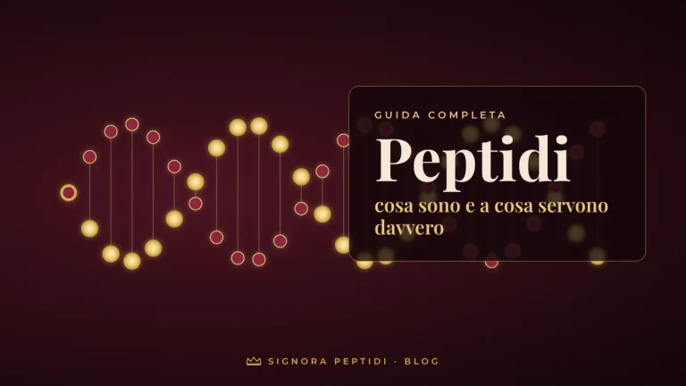 Illustrazione di catene di aminoacidi dorate a doppia elica con il titolo Peptidi